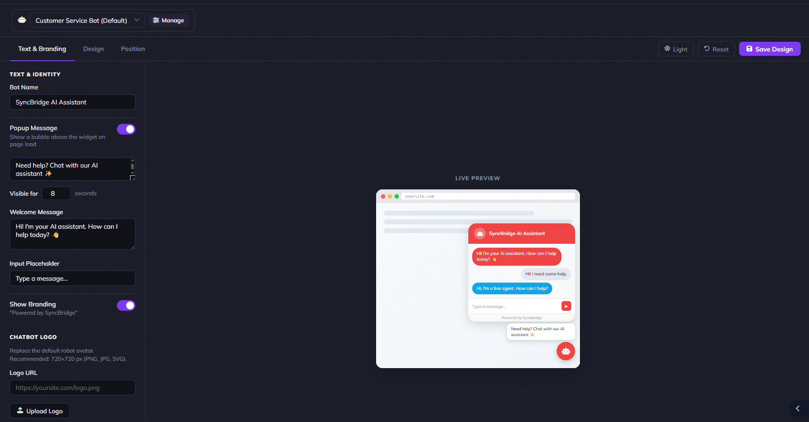 SyncBridge bot designer dashboard with live preview